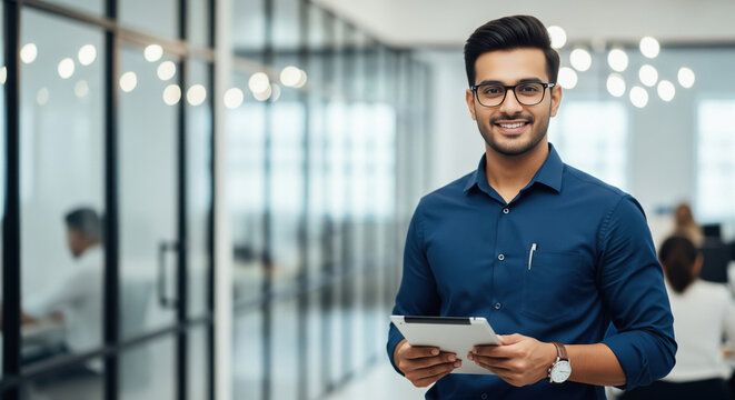 Confident young Indian businessman standing in a modern glass-walled office corridor, holding a digital tablet and looking professional.