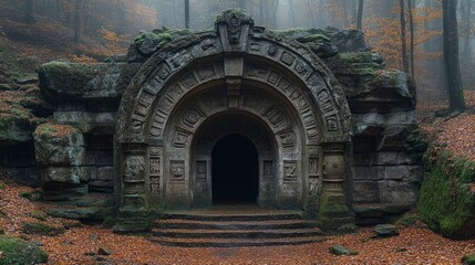 Fototapeta premium Ancient Forest Stone Doorway Carved with Mystical Details
