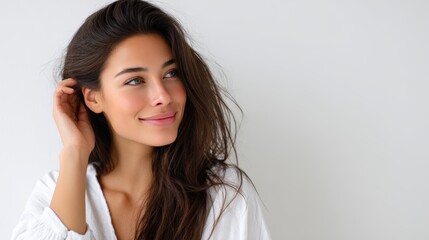 Beautiful young woman with long dark hair, smiling gently while touching her hair, wearing a white blouse, against a soft, neutral background, radiating warmth and positivity