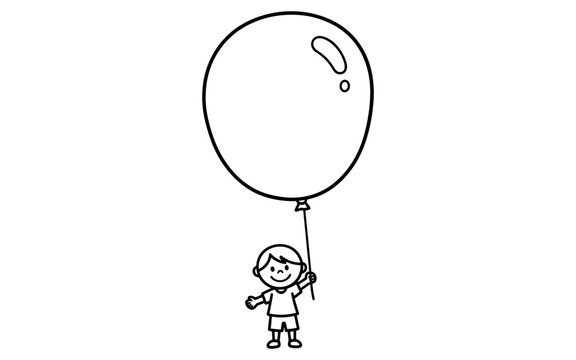 Child holding giant balloon in minimalist black and white outline drawing