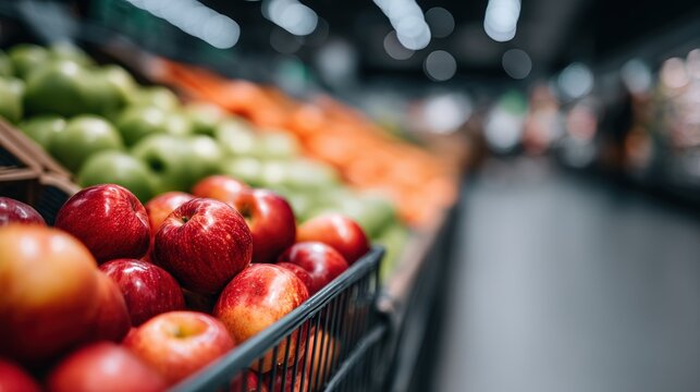 Fresh red apples in a grocery store display, surrounded by green apples and oranges, showcasing vibrant colors and inviting atmosphere for healthy eating choices