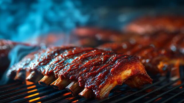 Juicy barbecue ribs cooking on a grill with smoke