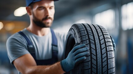 Male technician in gray overalls carefully handling a tire in a well-lit garage, showcasing automotive expertise and dedication to quality service in vehicle maintenance