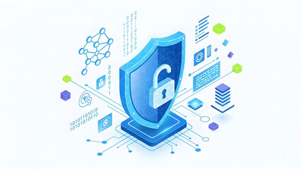 Cybersecurity shield safeguarding digital data with advanced encryption, protecting networks and systems against threats in a modern technological landscape