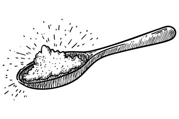 Sketch illustration of spoonful. Featuring sugar, salt, spice, ingredient, seasoning. Food for kitchen, cooking, eating, flavoring. Ingredient, nutrition.
