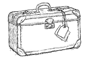 Outline drawing sketch of vintage suitcase, luggage or baggage, trunk. Classic with tag. Graphic travel equipment element. Baggage and transport object.
