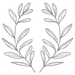 Two olive branch. Laurel or wreath foliage isolated, for logo design, heraldry, emblem. Botanical plant symbol, element, sketch, line art, decorative object.