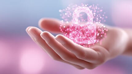 Hand holding a glowing digital padlock symbol, surrounded by sparkling particles, representing security, protection, and digital safety in a modern technological environment