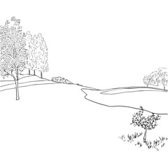 Nature scenery landscape with trees, grass. Hill, field, environment, idyllic panoramic, countryside vector illustration. Black silhouette, line drawing, sketch.