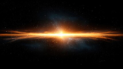 A bright, golden light bursts across the dark expanse of space, creating a dramatic and energetic visual.