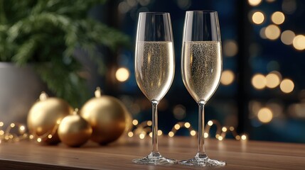 Two elegant champagne flutes filled with sparkling beverage are placed on a wooden table, surrounded by golden ornaments and festive lights, creating a celebratory atmosphere