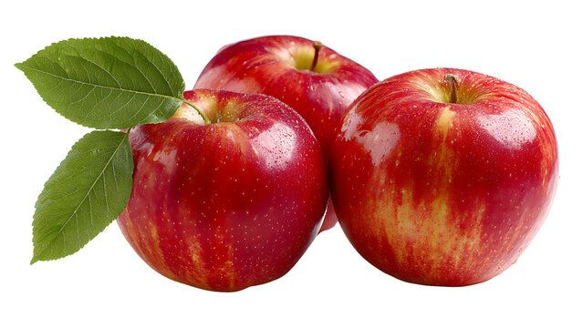 Three Red Apples with Green Leaves on Black Background fruit fresh isolated on a transparent background