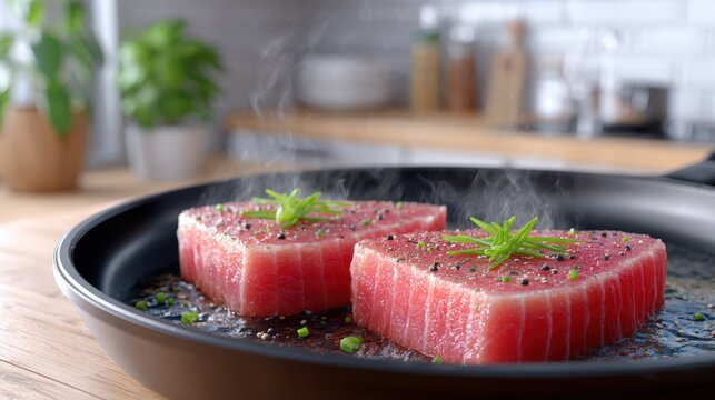 Fresh tuna steaks sizzling in a black frying pan, garnished with green herbs, steam rising, showcasing culinary preparation in a modern kitchen environment