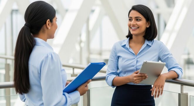 Two professional Indian businesswomen in formal attire have a friendly conversation in a modern office corridor, holding a tablet and documents. - Powered by Adobe