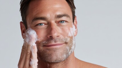 Handsome man with short hair and blue eyes is applying facial cleanser with foam on his face, showcasing a skincare routine and promoting self-care and grooming habits
