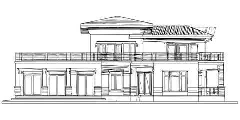 Modern house exterior plan sketch. Architectural structure, villa design. Residential building vector art illustration plan blueprint