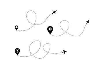 Airplane Flight Route Path with Dotted Line Trace Vector Illustration