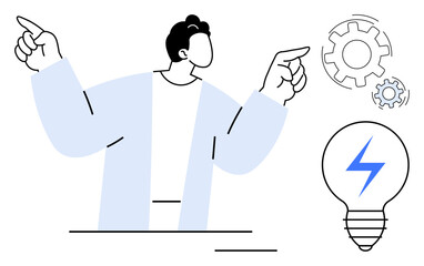 Individual gesturing with outstretched arms, two gears symbolizing process, lightbulb representing innovation. Ideal for creativity, brainstorming, teamwork, strategy, problem-solving, education