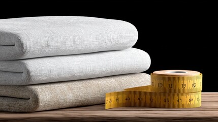 Stack of textured fabric rolls in neutral tones with a yellow measuring tape on a wooden surface, showcasing materials for design and crafting projects with copy space