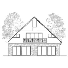 Modern house exterior sketch. Architectural structure, villa design. Residential building vector art illustration with tree outline