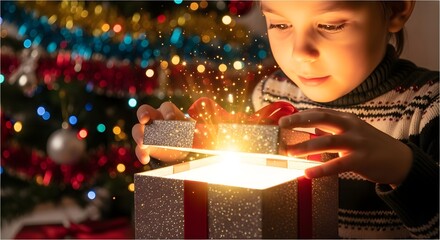 Child opening a sparkling gift box with bright magical light. Child opening Christmas or Birthday present for Holiday celebration.