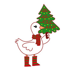 Adorable Cartoon Goose with Christmas Tree Scarf and Boots