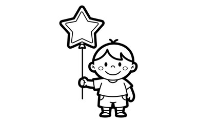 Cute child holding star balloon in black and white cartoon style