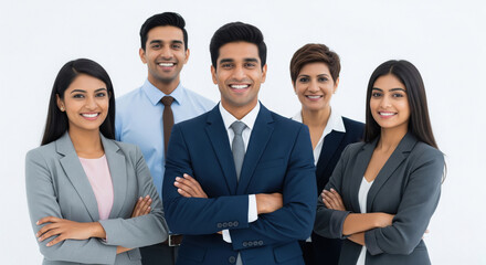 A diverse group of confident Indian professionals in formal business attire stand together with folded arms