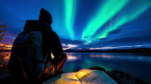 Aurora northern light night sky lake mountain traveler backpack map reflection adventure glows over calm lake and snowy ridge, serene wanderlust