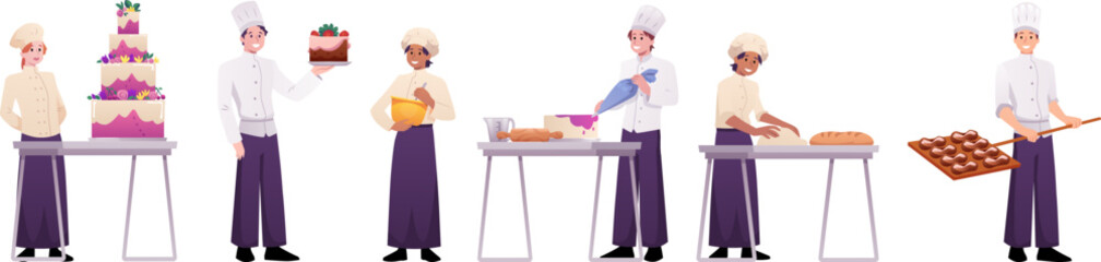 Set of chef characters in the process of cooking, kneading, baking, demonstrating.