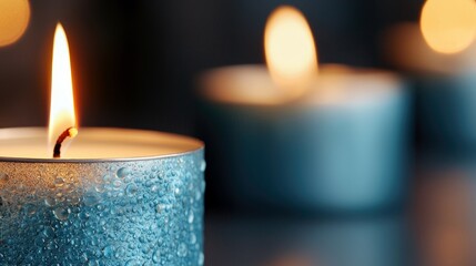 Close-up of burning tealight candles with water droplets on a reflective surface, creating a warm and atmospheric mood.