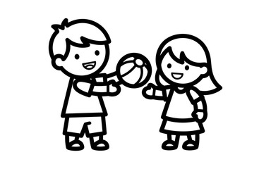 Playful children sharing a ball in simple cartoon style black and white drawing
