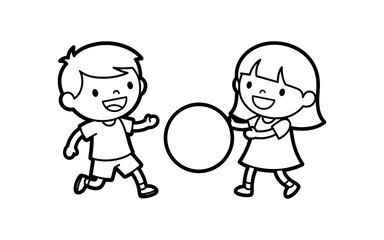 Kids playing ball: black and white line art of happy children