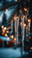 Macro shot showing glowing LED lights encased in icy icicles hanging from a pine branch, emphasizing the cold beauty of winter and the warm joy of the holiday season with bokeh lights