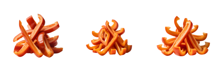 Three abstract orange sculptures resembling flames or coral isolated on transparent background