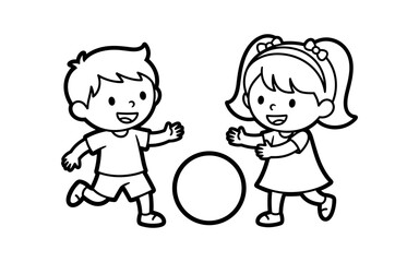 Playful kids in black and white outline style playing with ball