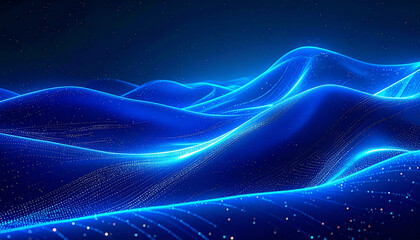 Fototapeta premium 青い粒子の波が優雅に流れる深い夜空の抽象背景