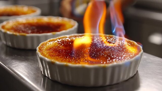 Caramelizing the sugar topping on creme brulee with a torch