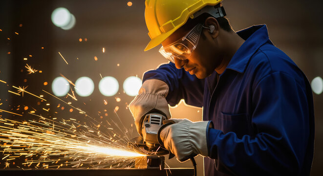 A focused industrial worker in a blue coverall and yellow safety helmet uses an angle grinder, sending bright sparks flying as he cuts through metal in a factory setting.