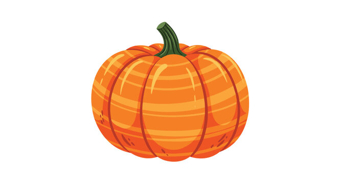 Bright orange pumpkin with deep curved ridges and a short green stem sits alone on a clean white background in a vivid illustration.