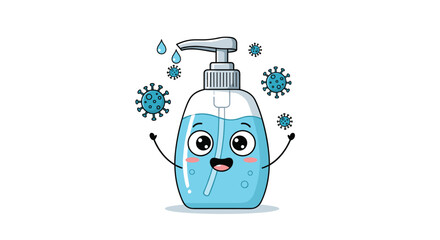 Friendly cartoon hand sanitizer bottle fights germs with happy arms and big eyes in a bright clean setting and a friendly sparkle around the cap.