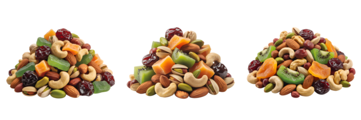 Three conical piles of assorted nuts and dried fruits isolated on transparent background