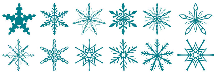 Big set pack of Twelve hand drawing snowflakes on transparent PNG background