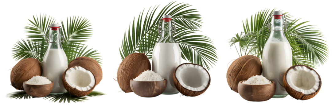 Three bottles of coconut milk with fresh coconuts and palm leaves isolated on transparent background - Powered by Adobe