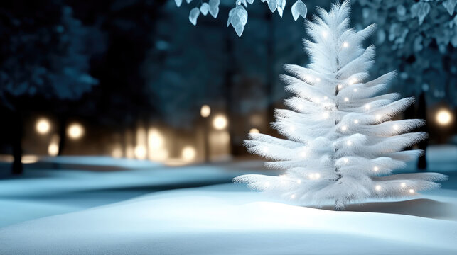Christmas tree stands in a snow covered park at night, sparkling with warm lights and ornaments, symbolizing holiday spirit, winter celebration, and festive cheer