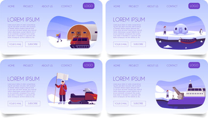 Arctic exploration, Polar expedition vector flat landing page, scientific station with explorers, buildings, vehicles