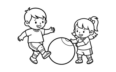 Playful kids engaged in friendly outdoor ball game line art
