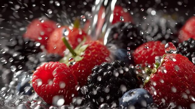 Fresh berries being washed with water droplets