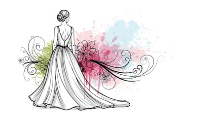 Elegant wedding dress sketch with watercolor floral accents and decorative swirls.