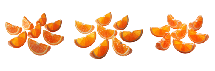 Three abstract floral arrangements made from sliced orange segments isolated on transparent background